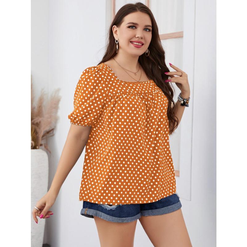 Sommer Herbst Damen Chiffon Kurz Rundhals Bluse Karomuster Temperament Pendler Polka Dot Hemd XL-4XL