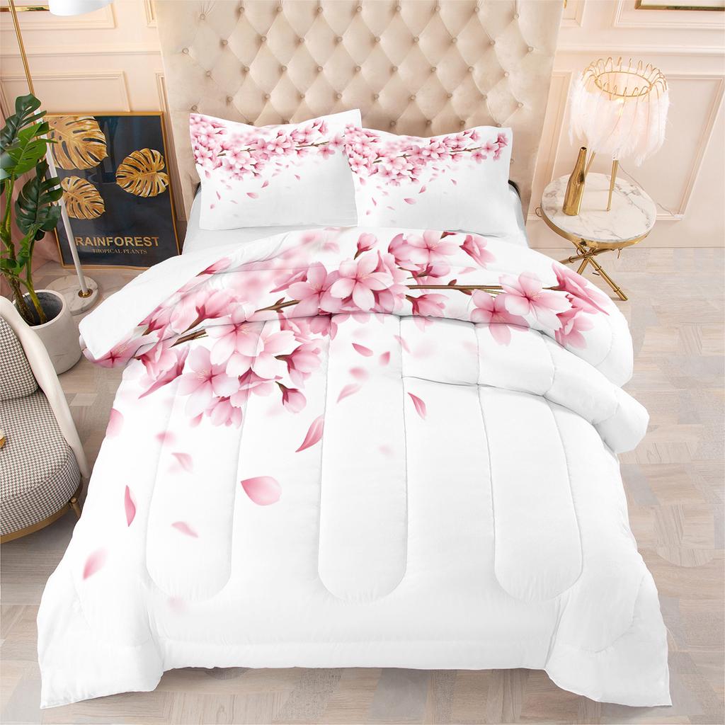 Peach Blossom Landscape Painting Fat Quilt Printing Quilt 3d Printing Bedding Feather Silk Cotton Thickened Three-piece Quilt Cover