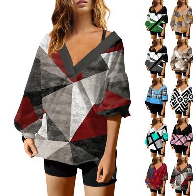 Damenmode V-Ausschnitt Langarm Bedrucktes Lockeres Pullover Sweatshirt Top