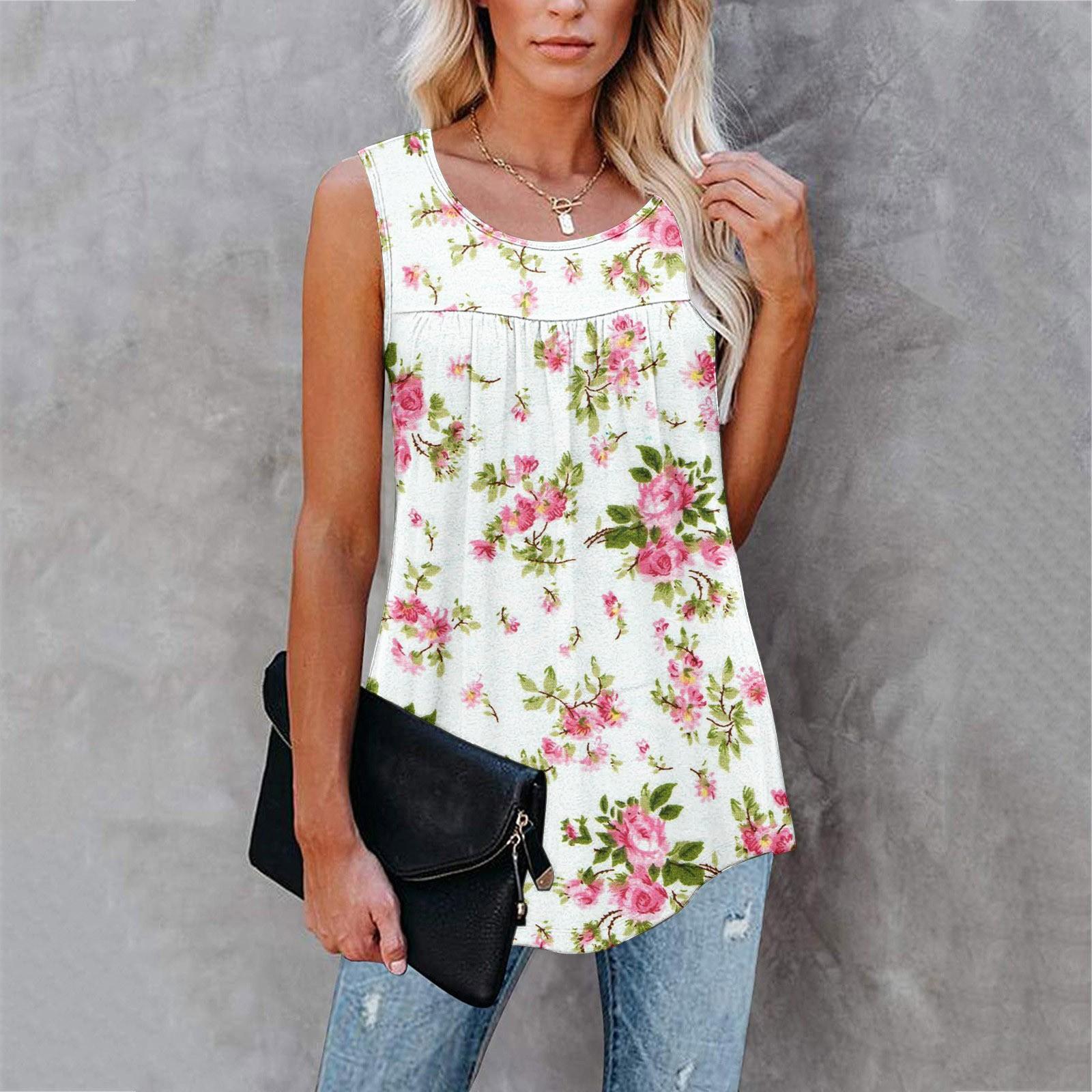 

Женская повседневная свободная майка больших размеров с цветочным принтом без рукавов плиссированная футболка XXL белый