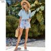 DX~Women's Cotton Linen Shirt Short Sleeved Henry Shirt Button Up V-neck Casual Work Top with Two Pockets