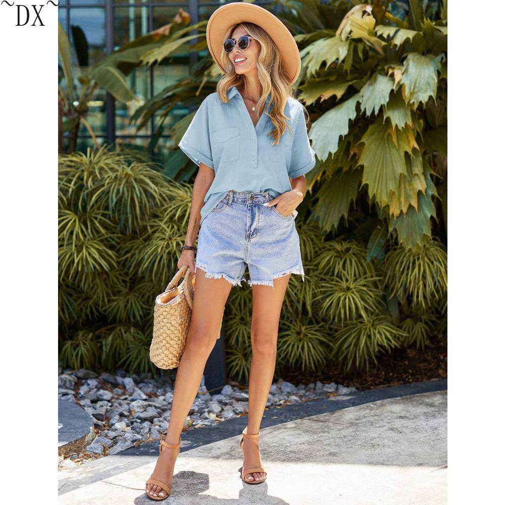 DX~Women's Cotton Linen Shirt Short Sleeved Henry Shirt Button Up V-neck Casual Work Top with Two Pockets