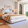 Upholstered Bed 160x200 Hydraulic Storage Space, LED Headboard, USB-A&C Charging Function, Slatted Frame, Remote-Controlled Light Strip, Without Mattress, Beige
