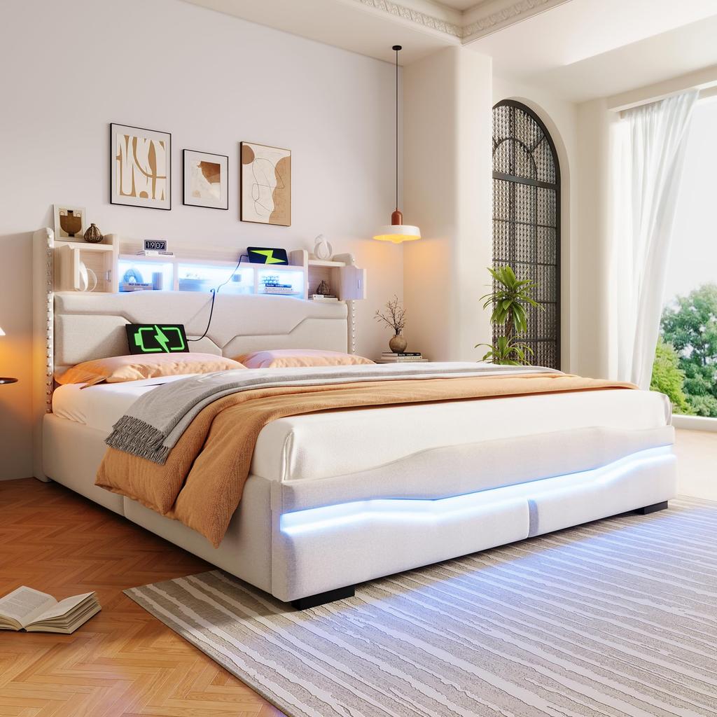 Polsterbett 160x200 Hydraulischer Stauraum, LED-Kopfteil, USB-A&C Ladefunktion, Lattenrost, ferngesteuerte Lichtleiste, Ohne Matratze, Beige