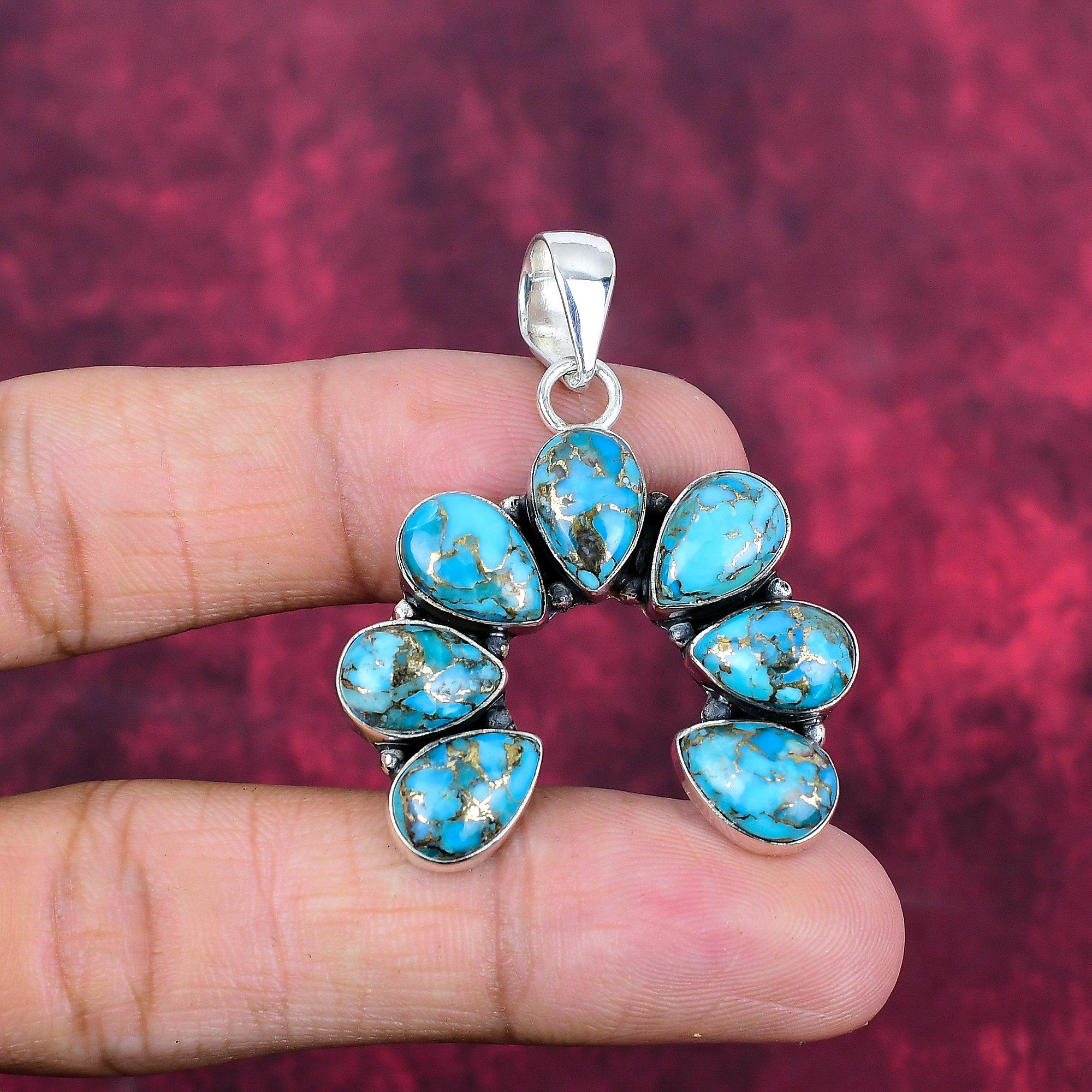 

Голубой медный бирюзовый кулон ручной работы с драгоценными камнями, 925 пробы серебряный кулон, старинные ювелирные изделия, для подарка на помолвку 1.77 Inches