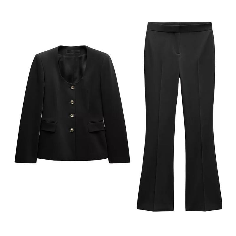 Spring New Women's Clothing Long Sleeves round Neck Suit Outwear 9083580 High Waist Flared Pants 9084580