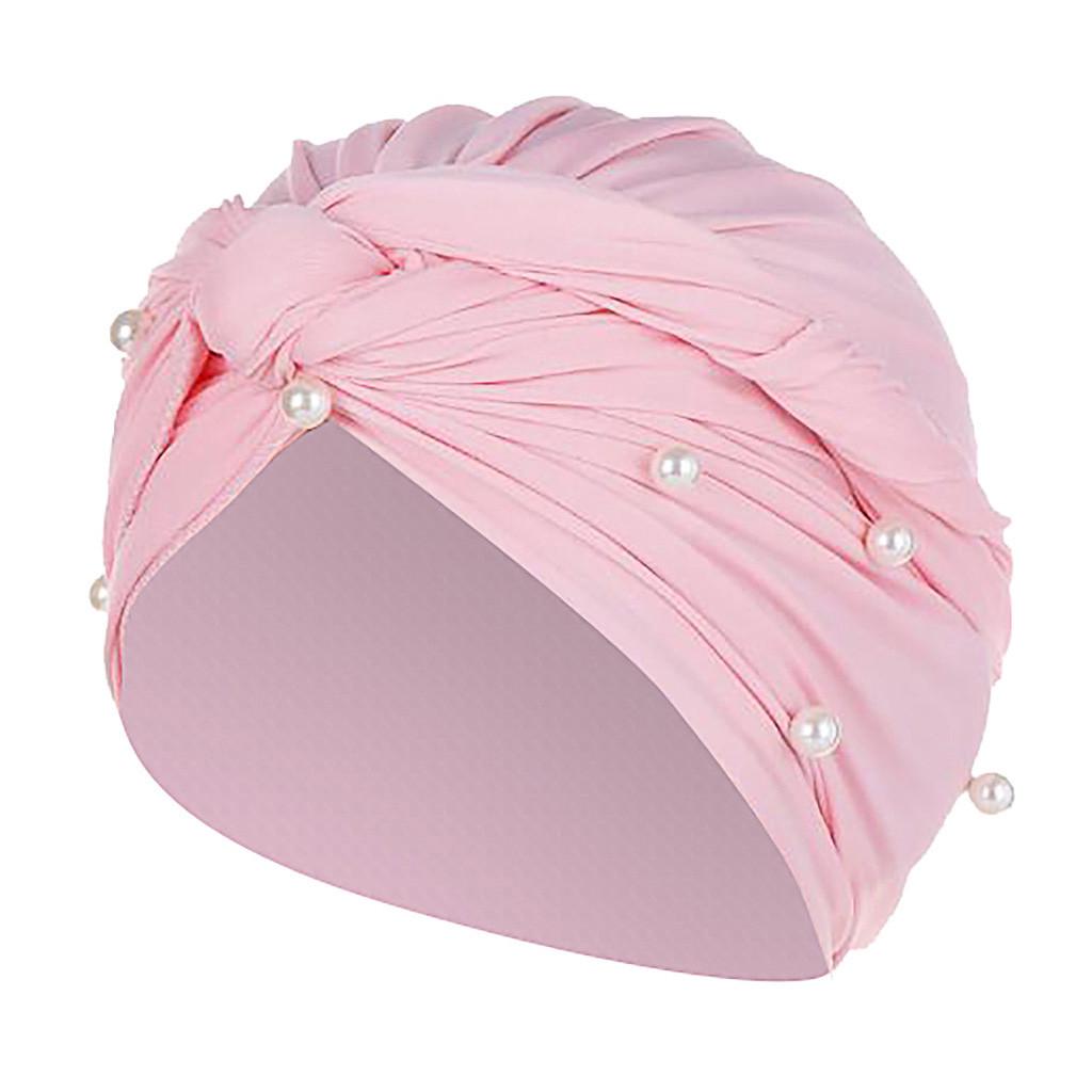 Women Pearl Beading India Hat Muslim Ruffle Chemo Turban Wrap Cap