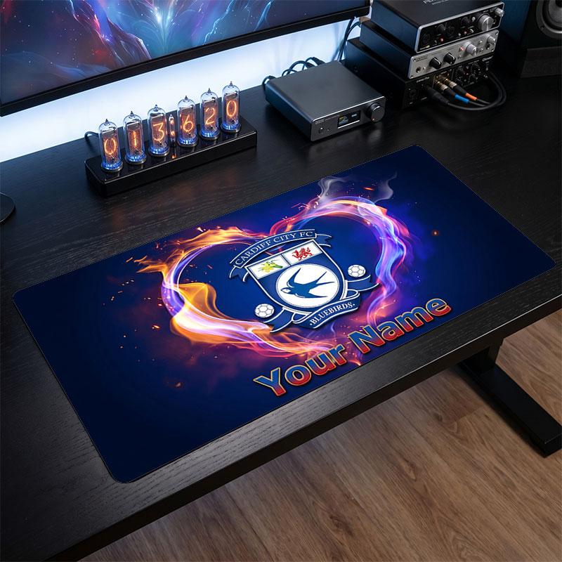 Cardiff City Custom Large Mouse Pad, Personalized Name Text Print, Football Logo Non‑Slip Desk Mat Gaming Gift
