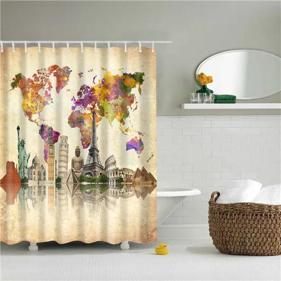 Vintage Style Map Anchor Cowboy Printed Shower Curtains With 12 Hooks Waterproof Polyester Decorative Bathroom Curtains