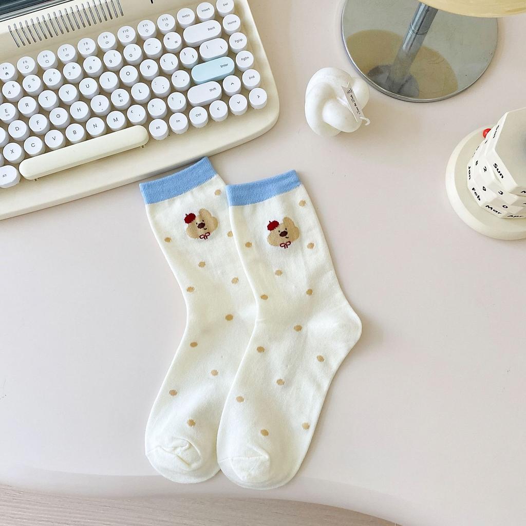 Cartoon Socks Medium Tube Socks Tide Spring And Autumn Cute College Style Bow Polka Dot Puppy Striped Socks