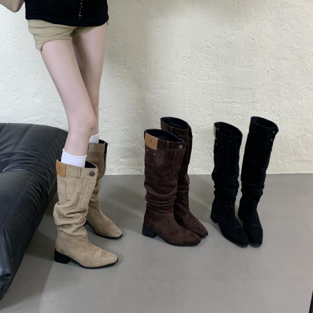 2025 New Autumn and Winter Pleated Piled Boots Round Head Thick Heel Suede Two Wear Knight Women's Boots