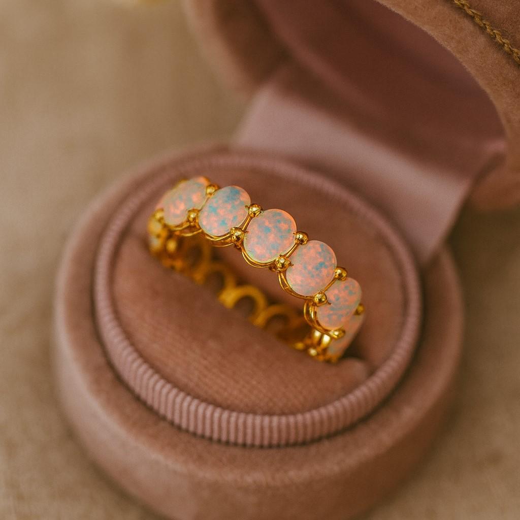 Pink & White Opal Engagement Band – Dainty Minimalist Art Deco Wedding Band | October Birthstone Promise Ring Gift for Her