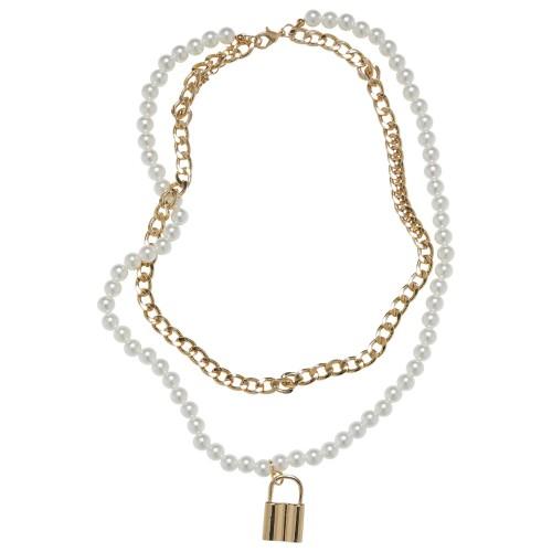 Urban Classics Faux Pearl Padlock Layered Necklace