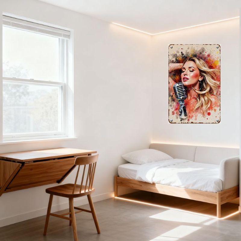 Vintage Retro Blonde Singer Metal Tin Sign Watercolor Splashes Red Yellow Orange Microphone Wall Plaque for Home Bar Cafe Man Ca