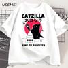 Adult Catzilla King of Pawster T Shirt for Men Women Funny Cat T-shirt Kitty Tshirt Cotton Short Sleeve Casual Mens Clothing