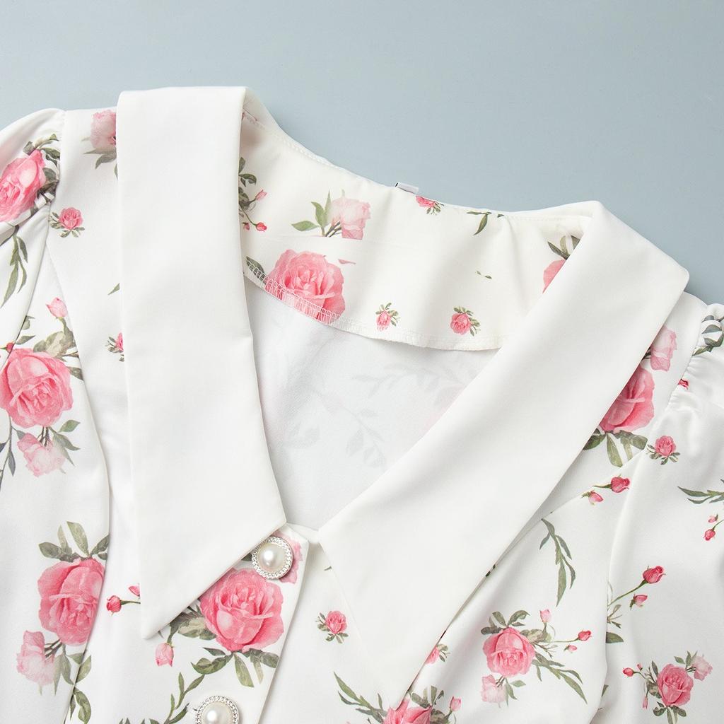 Summer French Style V-neck Puff Sleeve Waist Cinched Printed Ruffle Short Dress for Women