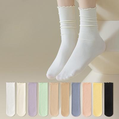 Damen Frühling- und Sommersocken, einfarbige schwarze, ohrbesetzte Mid-Calf-Socken, Dad-Schuhe, vielseitige Damensocken