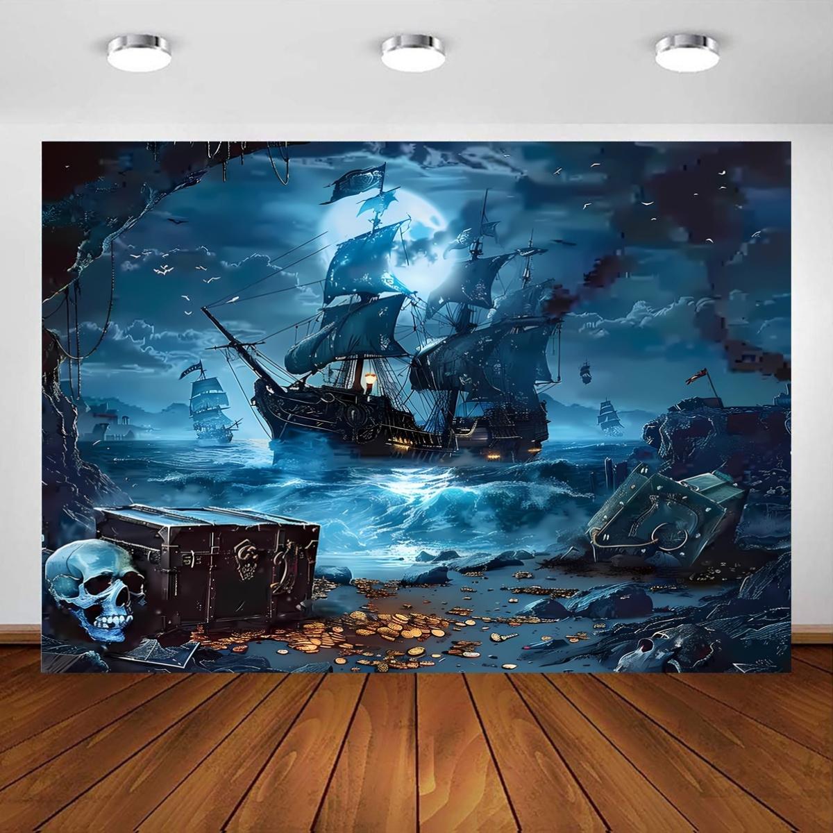 Pirate Adventure Photography Background Banner - Polyester Seaside Yacht and Treasure Party Decorations 100x150cm