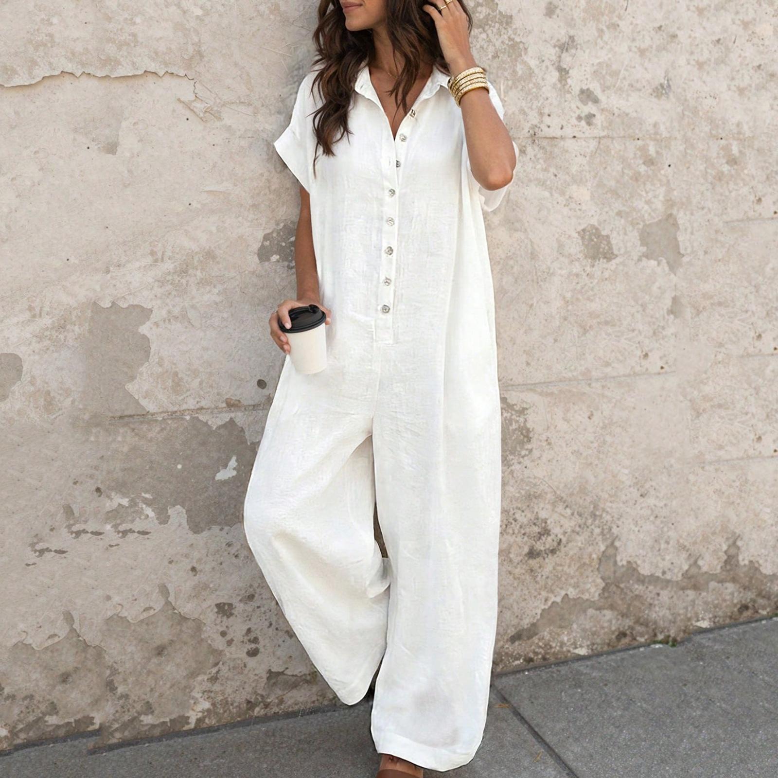 

Women s Fashionable Casual Shirt Button Loose Short-sleeved Jumpsuit XS