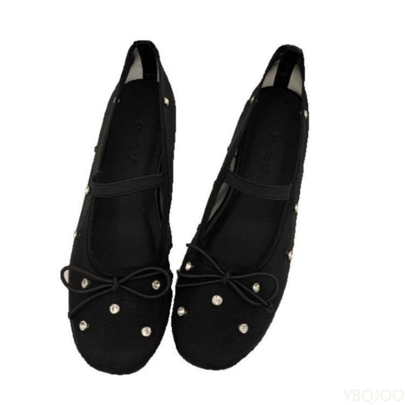 Bow fashionable soft-soled shoes temperament mesh round head shallow mouth single shoes  lightweight Breathable flat shoes