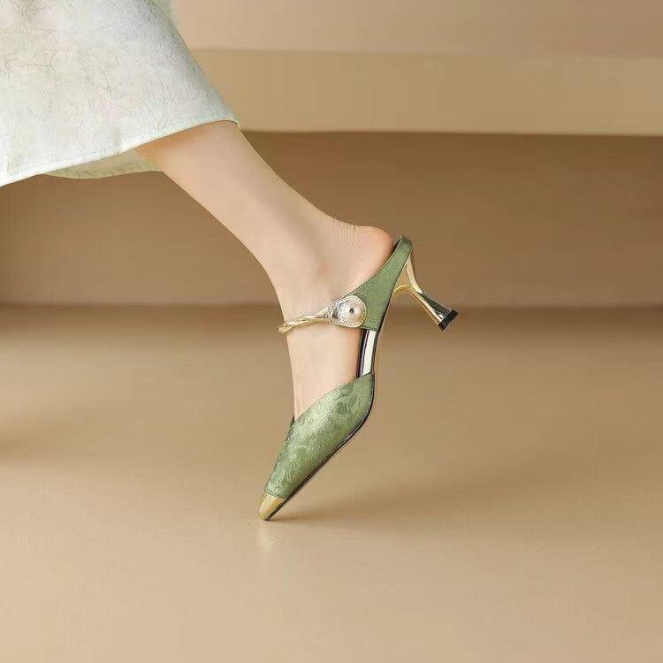 

2025 new temperament French stiletto high heels women s pointed shoes summer beautiful sandals bag head half slippers 40