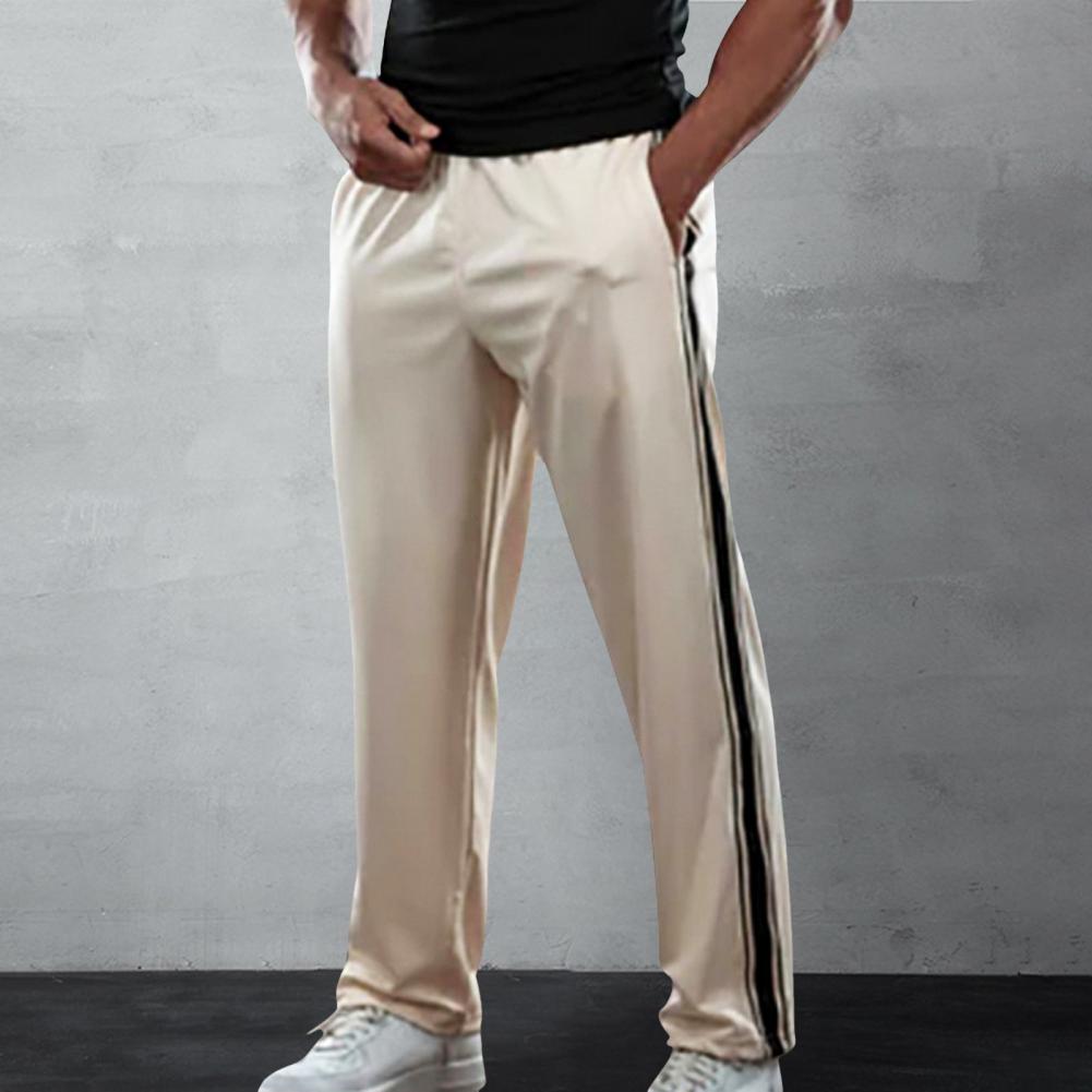 Men Sport Pants Loose Straight Wide Leg Elastic Waist Soft Breathable Side Stripe Solid Color Gym Traning Jogging Sweatpants Ful