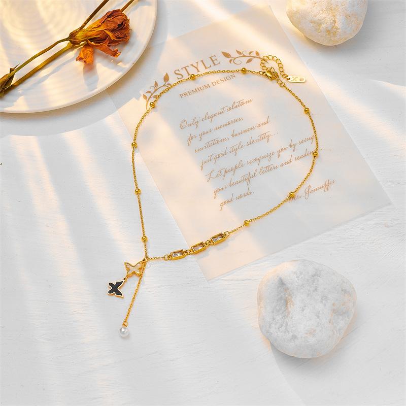 Ladies Titanium Steel Pearl Shell Butterfly Pendant Necklace Jewelry