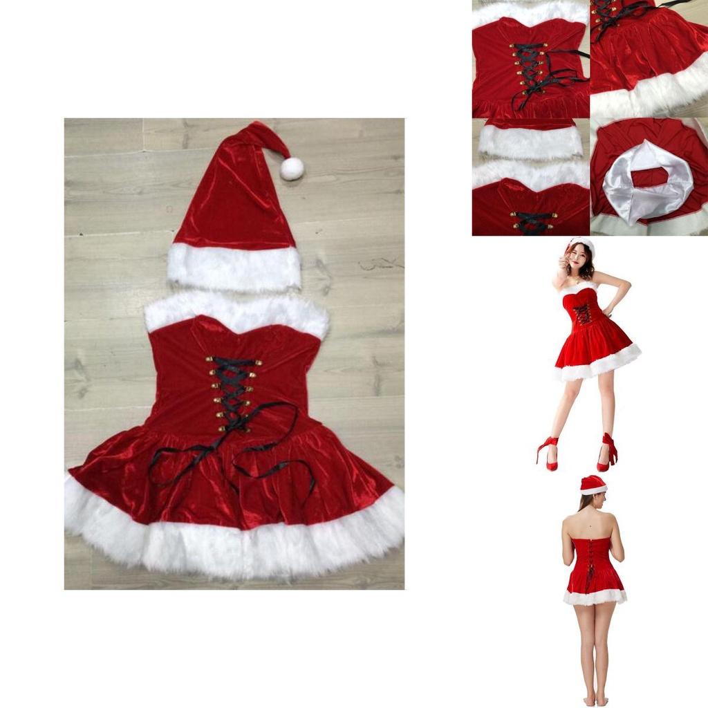 Elegant Red Velvet Sexy Women Christmas Fancy Dress Santa Claus Costume Outfit Hat