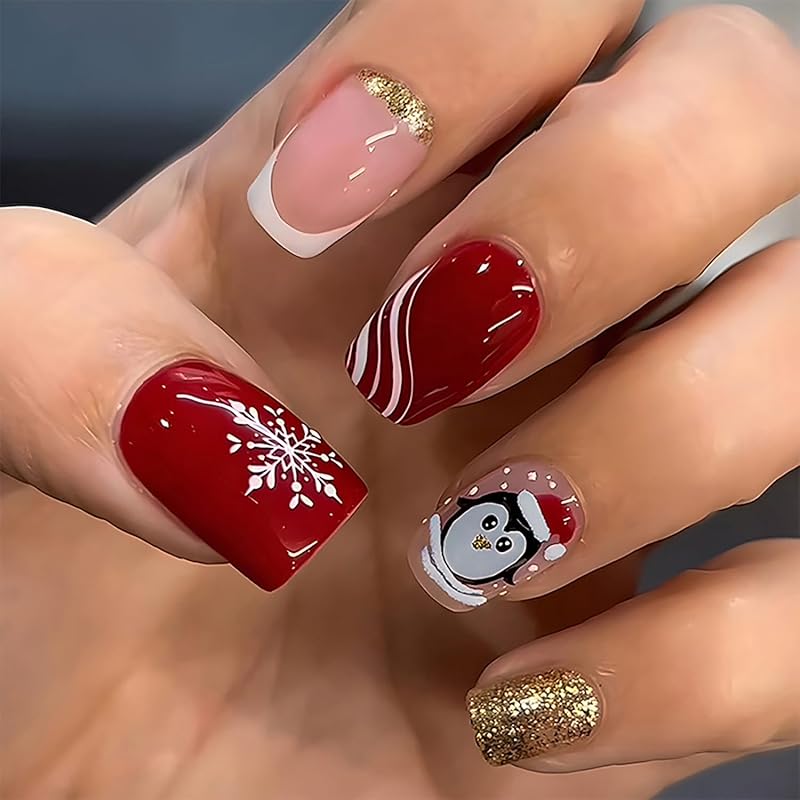 Snowflake Press on Nails Christmas Long Square Fake Nails Winter Snowman Acrylic Glue on Nail Glossy Xmas Stick on Nail for Women