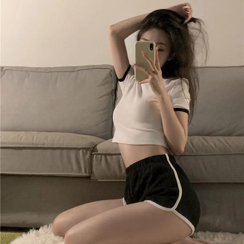 

Спортивный костюм с коротким рукавом и круглым вырезом, приталенная футболка, шорты, комплекты из двух предметов, женские модные короткие укороченные топы с пупком, однотонные повседневные костюмы XL белый