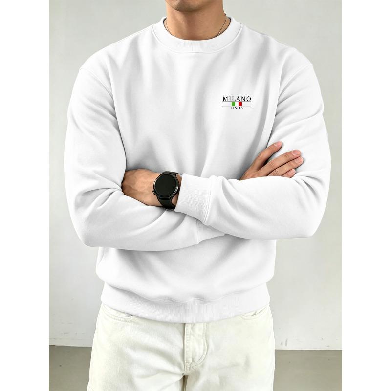 Men's Left Chest MILANO Italian Flag Small Letter Print Crew Neck Sweatshirt, Casual Loose Solid Color Pullover Long Sleeve Commuter Top