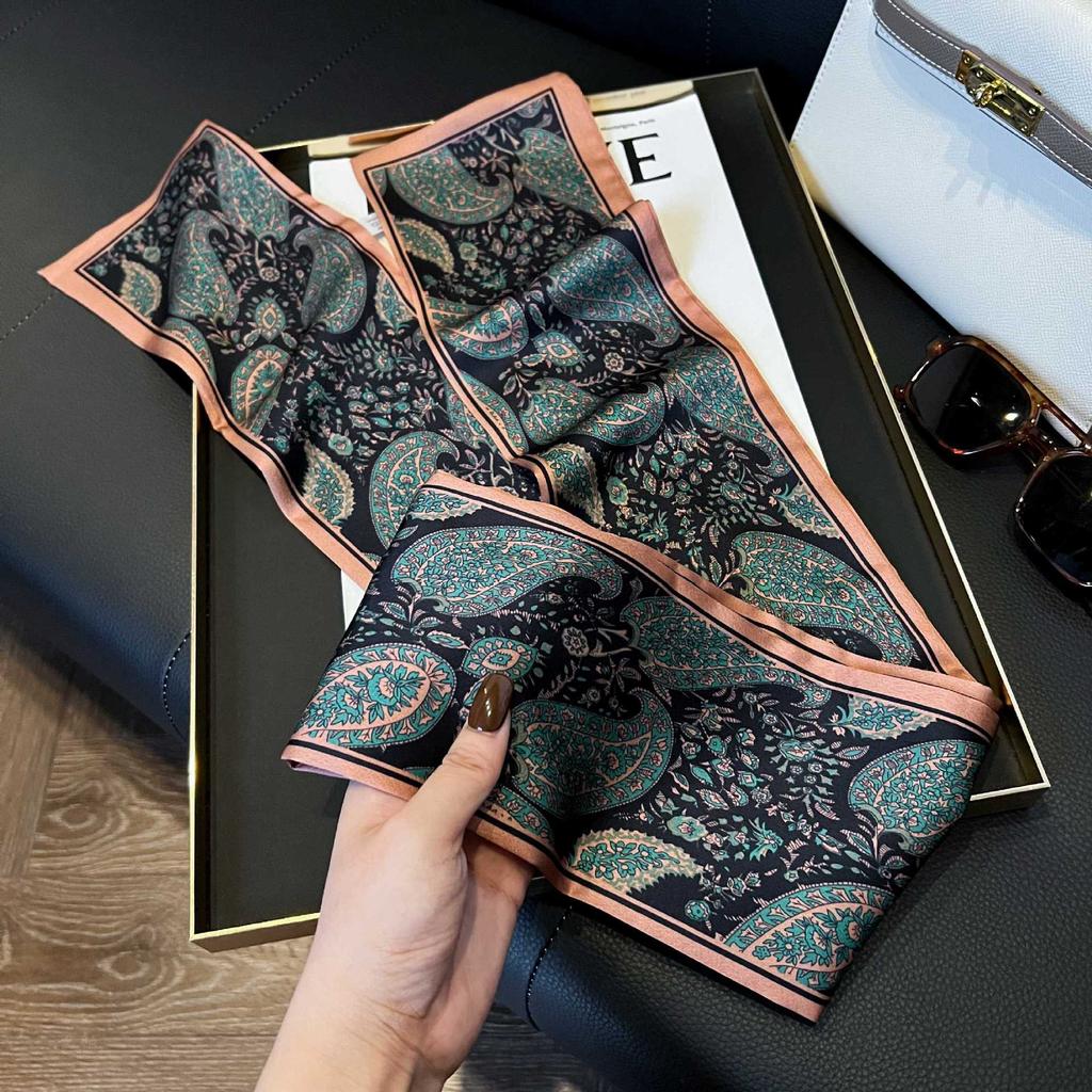 Long Silk Scarf Women's New Small Silk Scarf Printing Simulation Silk Tied Bag Streamer Explosion Sweet Little Scarf