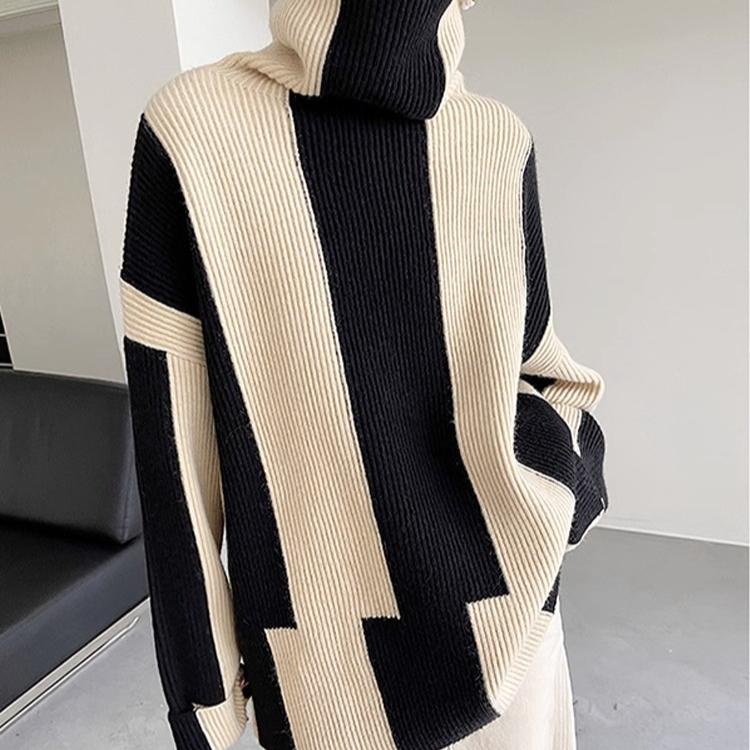 Turtleneck Pullovers Women Striped Thicker Long Sleeve Knitting Tops Casual Sweaters Fall Winter All-match Cozy Keep Warm Sweaters