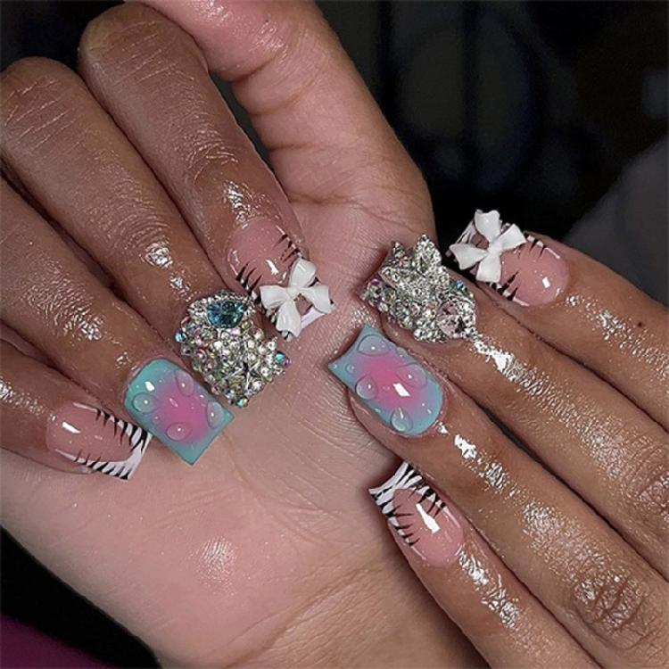 

24x Short Square Stick On Nail French Tip Full Cover False Nail 3D Bows Press On Nail Acrylic Nail with Rhinestones 1