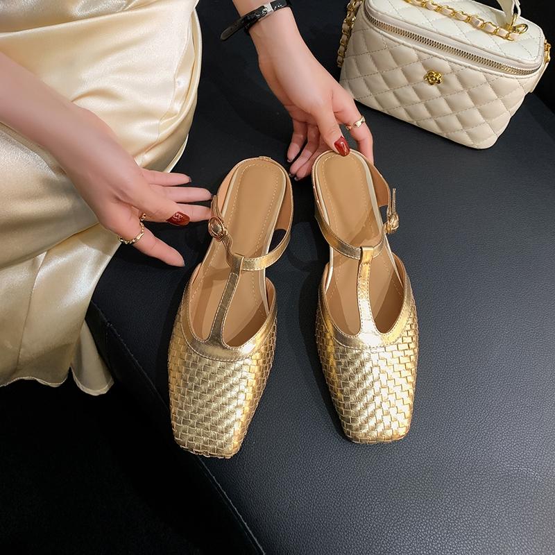 Fashion Women's New Spring/Summer Square Headed Elastic Belt with Genuine Cowhide Square Plaid Low Heel Large Headed Muller Slippers
