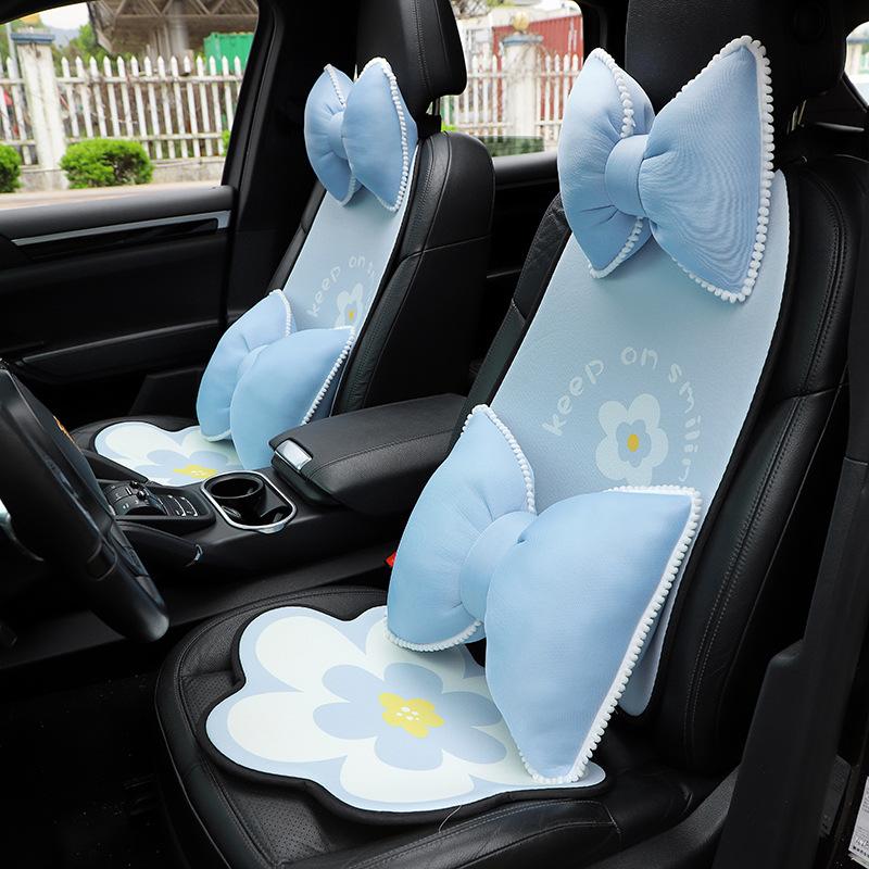 Fashion Blue Flower Car Seat Cover Summer Breathable Cool Seat Mat Cushion Pillow Car Interior Women Four Seasons Universal