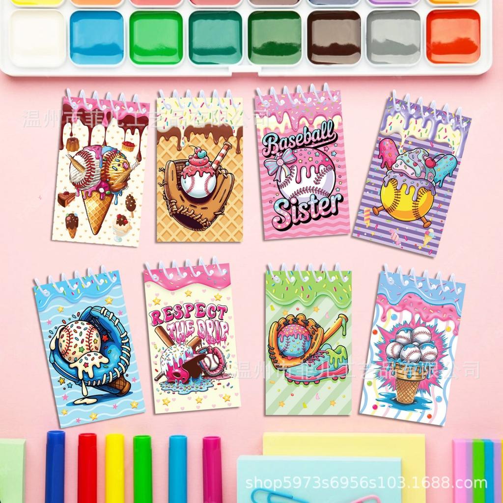 8pcs Baseball Spiral Notebook Ice Cream Mini Pocket Notepad Vertical Flip Journal for Students Kids Gift