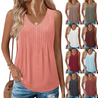 Dames Lente Tops Mouwloos Geplooid V-hals Zomerhemden voor Dames Casual Losse Pasvorm Blouse Dames Zomerhemden