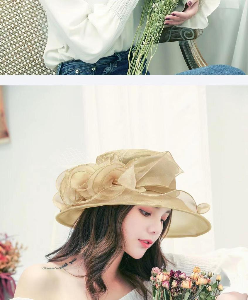 Women's Vintage Organza Sun Hat with Mesh Flower Details