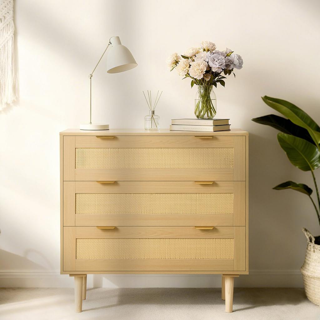 3 Drawer Rattan Dresser, Modern Closet Dresser for Bedroom, Natural Rattan Chest of Drawers with Metal Handles & Wooden Legs, Chest Clothing Organizer
