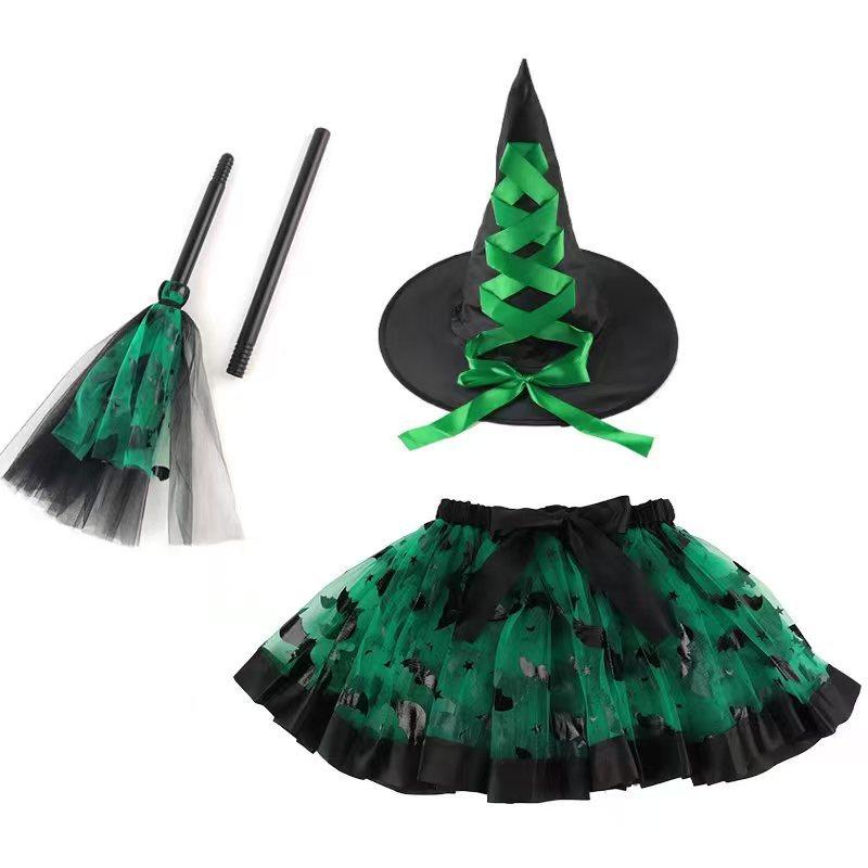 Halloween Pumpkin Dress Set Witch Broom Witch Hat Set European and American Printed Mesh Skirt Set