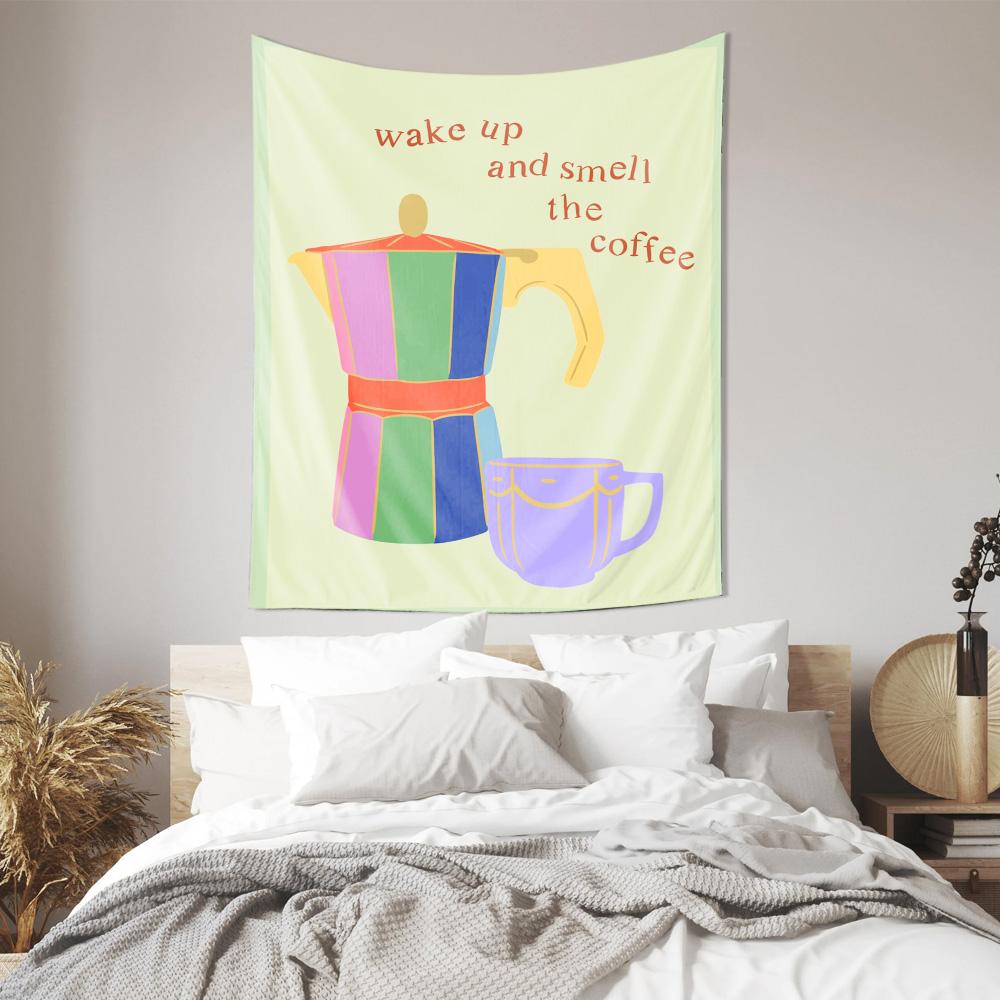 

Wake Up And Smell The Coffee Moka Pot Art Wall Tapestry Machine Washable All Season Decor Print Funny Kitchen Design Home 74x94cm(29x37in)