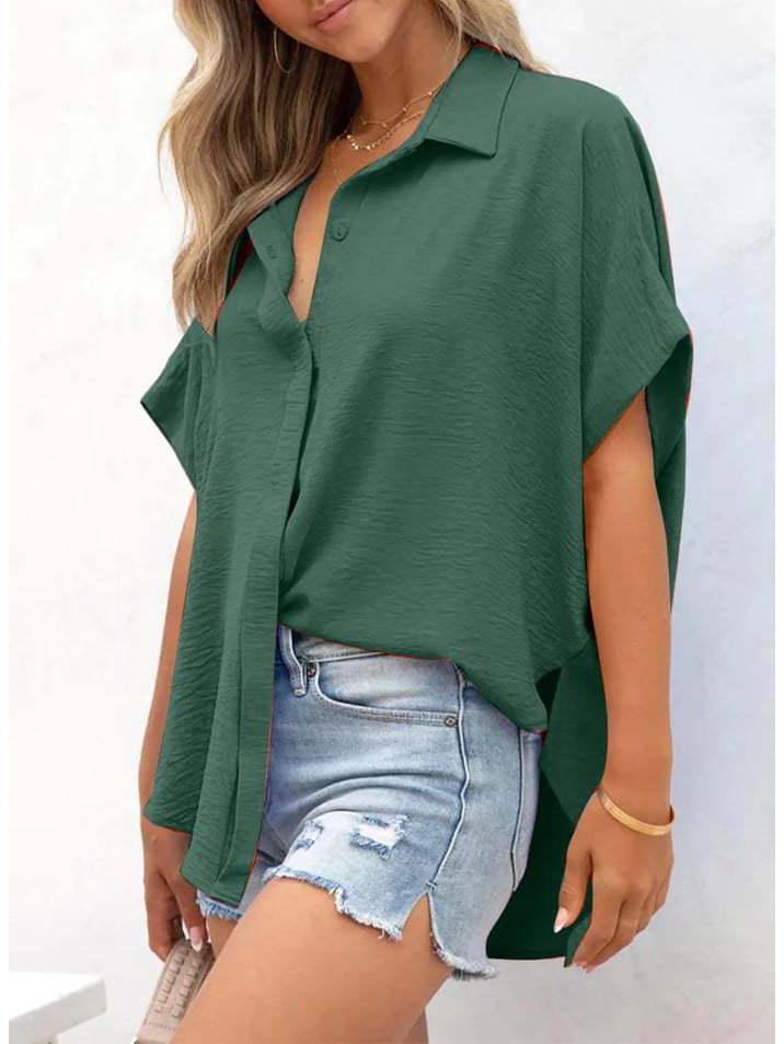 2025 Summer Women's Casual Solid Color Button Short Sleeve Shirt