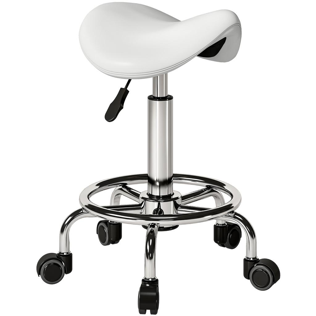 Salon Saddle Stool, Rolling Saddle Chair for Massage, Spa, Clinic, Beauty, Hairdressing and Tattoo, White