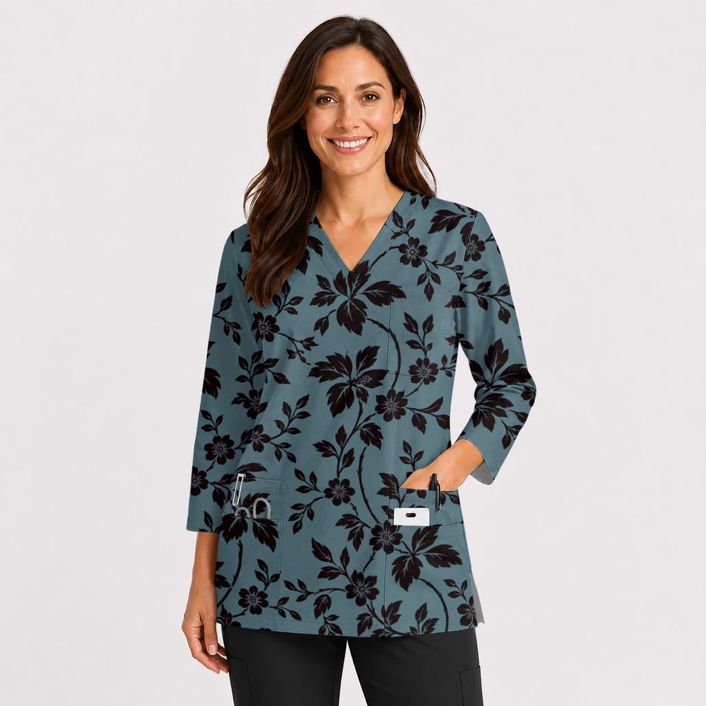 Women's Printed Top V-Neck 3/4 Sleeve with Double Pockets and Side Slits