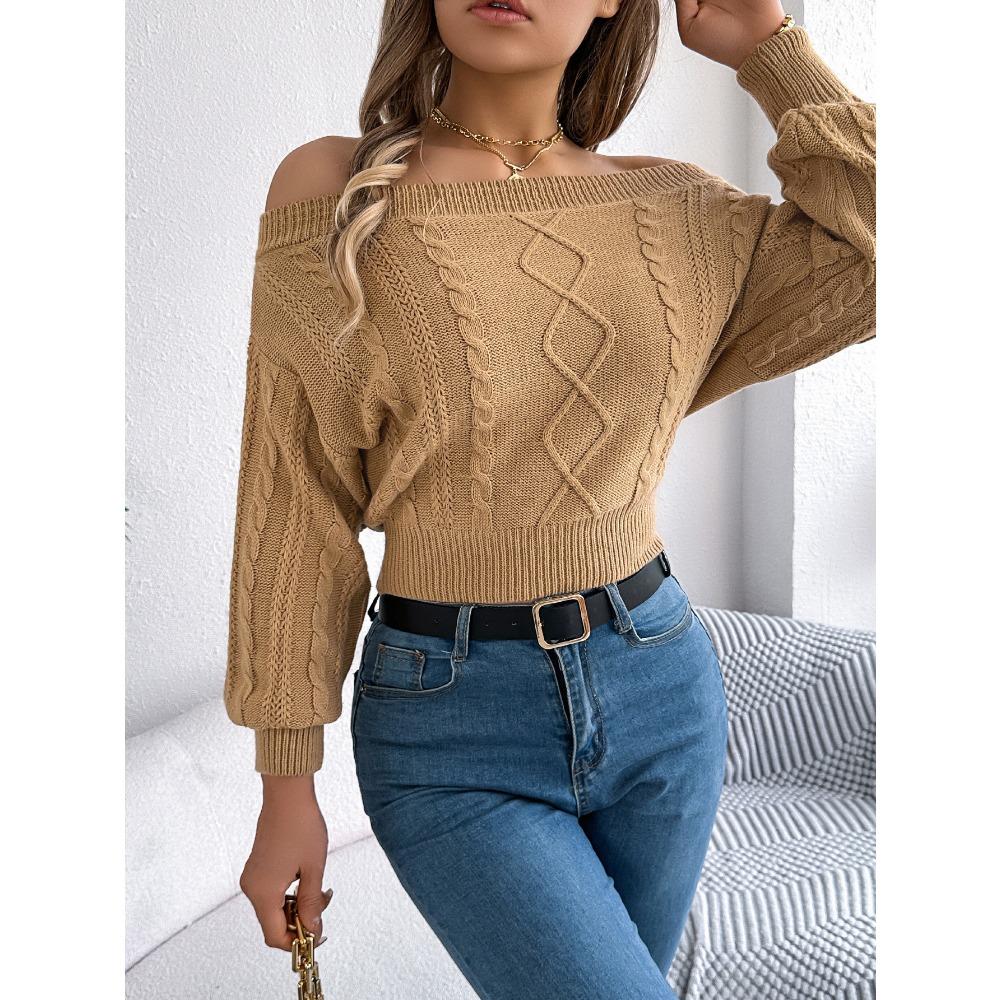 Women's Knitted Sweater Casual Solid Colour Off-the-Shoulder Long-Sleeved Pullover Sweatshirt