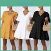 Robe smock élégante pour femmes à col en V uni avec coupe ample et manches courtes