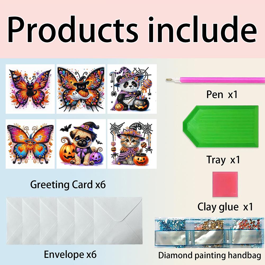 6pcs DIY Diamond Painting Greeting Card Set Halloween Pattern Rhinestone Diamond Art Mosaic Postcards for Halloween and Holidays