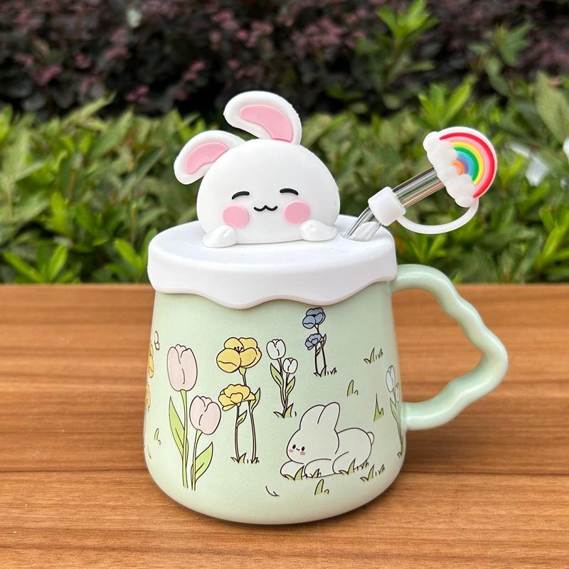 

Милая чашка-кролик керамическая с соломинкой, кружка, большая емкость, чашка для воды, подарок на день рождения для девочек, практичный подарок для девушки 410ml