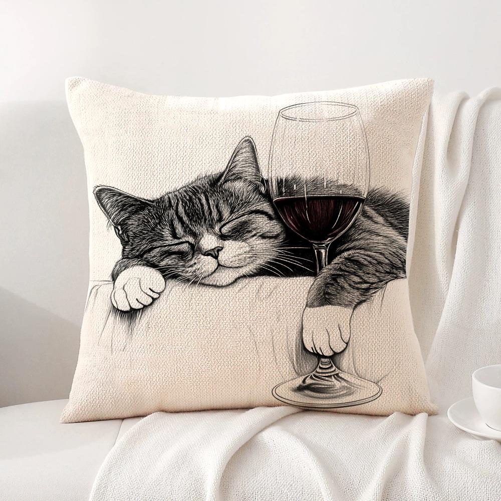 Couple cats Cushion Cover Natural Linen Organic Fabric DoubleSided Printing Sofa Home Decor Breathable Bed Pillow